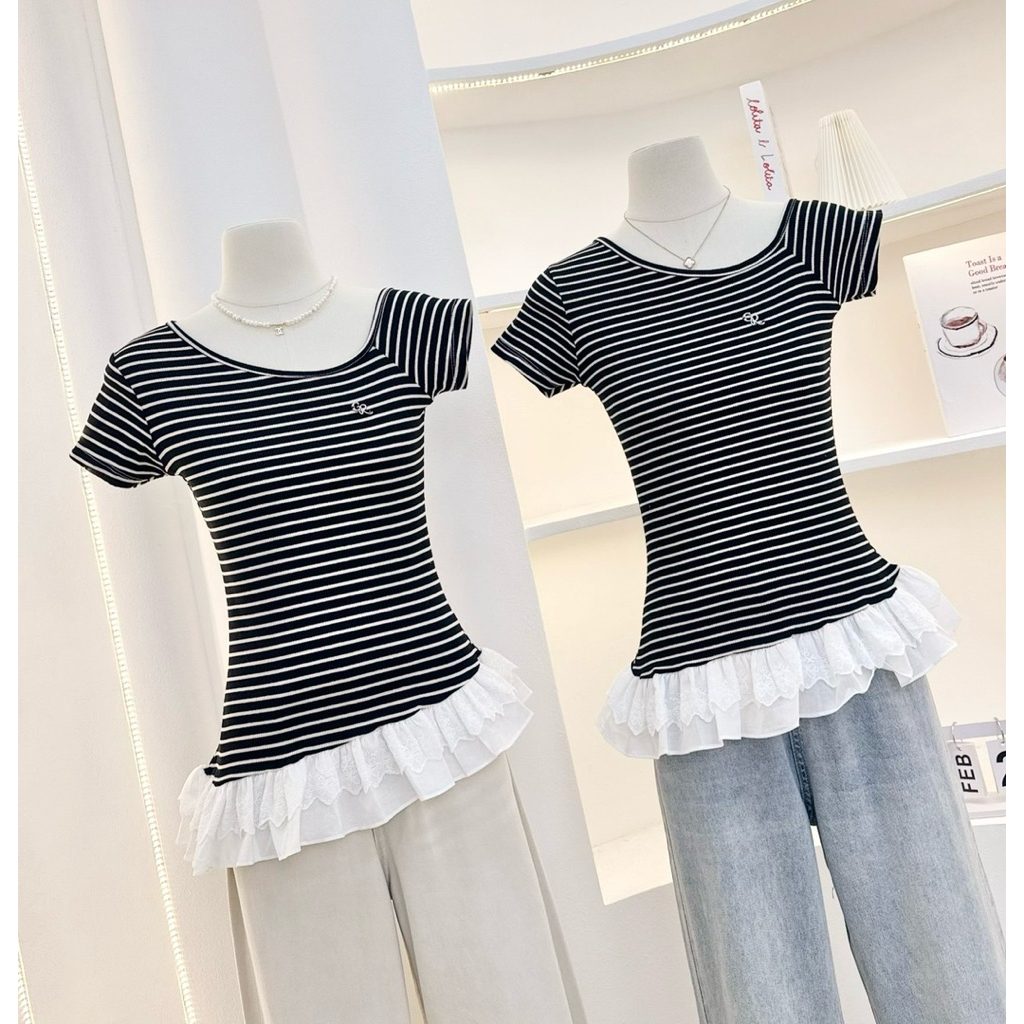 G-ROSE เสื้อยืดลายทาง ดีเทลชายระบายเฉียง สำหรับผู้หญิง Jasmalin