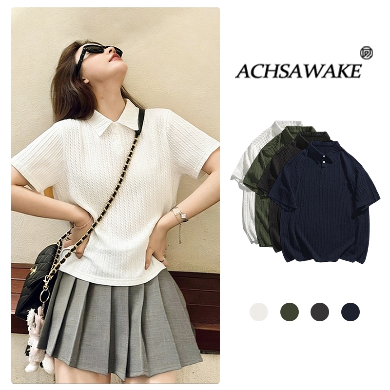 ACHSAWAKE เสื้อถักโปโลสตรีแขนสั้น ดีไซน์เรียบหรู ทรงไหล่ตรง ใส่แล้วช่วยให้ดูเพรียวบาง