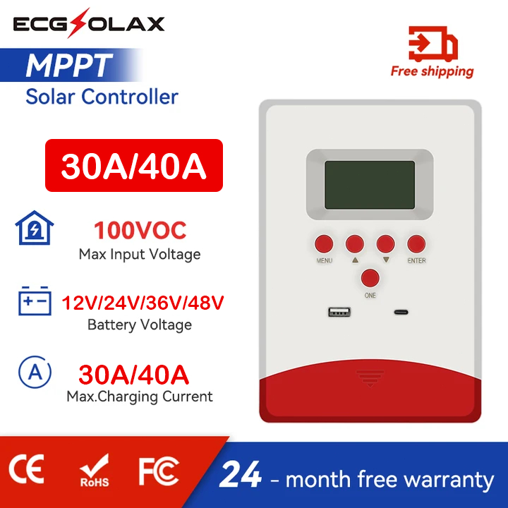 ECGSOLX 30A/40A ตัวควบคุมแผงโซลาร์ชาร์จ MPPT 12V/24V/48V อินเทอร์เฟซ USB/Type-C รองรับแบตเตอรี่ลิเธียม