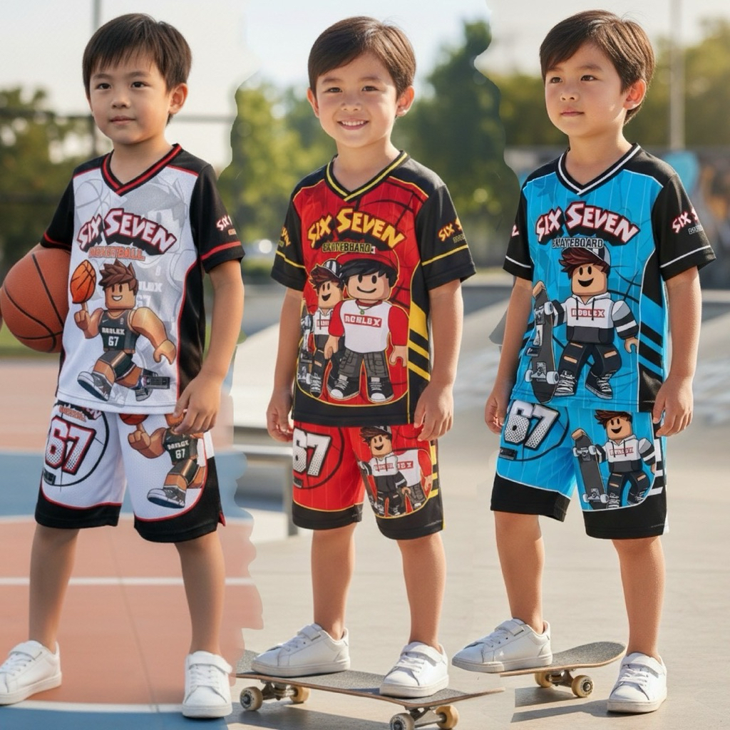 ชุดเซ็ทเด็กรุ่นคอวี67 ซิกเซเว่น เสื้อแขนสั้น+กางเกงขาสั้น ชุดเด็ก ลายการ์ตูน ผ้าไมโครไฟเบอร์