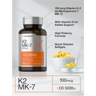[ HORBAACH ]❇️ ( แพ็คเกจใหม่ - ฝาสีขาว ) K2MK7 ( 100 MCG ) + D3 ( 5000 IU )( 180 SOFTGELS )
