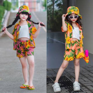 ชุดเซ็ทเด็กผู้หญิง เซ็ท 4 ชิ้น พร้อมหมวก ผ้าไหมอิตาลีพิมพ์ลา…