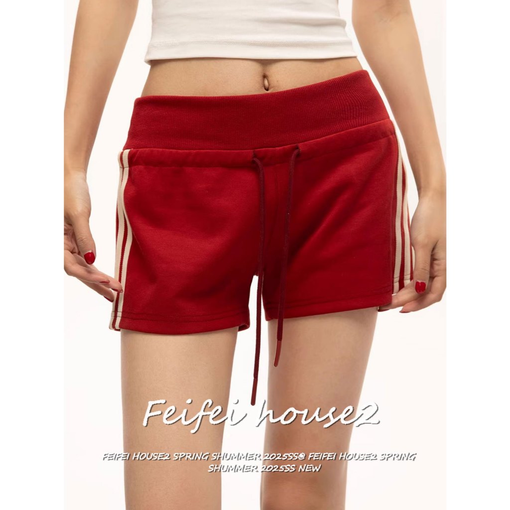 [Side stripe drawstring shorts]ผู้หญิงสไตล์เรโทรอเมริกันฤดูร้อนทรงตรงลายทางข้างสำหรับกางเกงขาสั้น