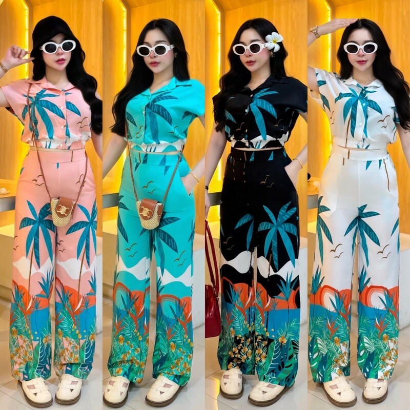 MM18450 set 2 ชิ้น เสื้อครอปปกเชิ้ต ลายต้นมะพร้าว + กางเกงขาายาวลายต้นมะพร้าว