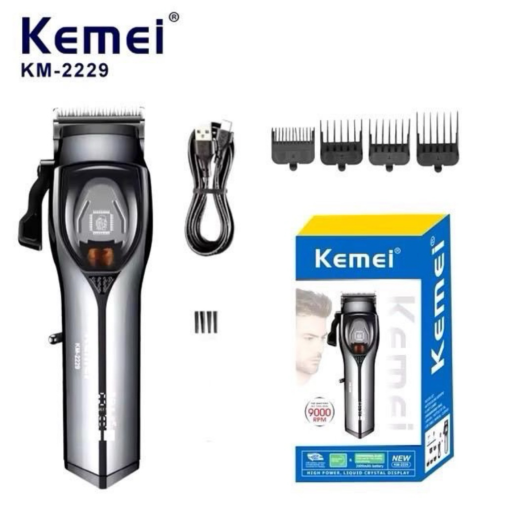KEMEI km2229 ปัตตาเลี่ยนไร้สาย  ฟันเฟด เครื่อง9000รอบ มีจอบอกแบต สายชาร์จ type c ผม