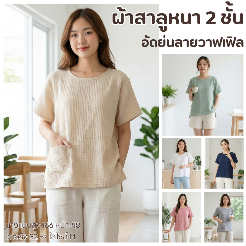 เสื้อผ้าฝ้ายสาลู คอกลมแขนสั้น​ ผลิตจากเส้นใยฝ้ายเท้ 100% ​ทอละเอียดหนาสองชั้น ผ้านุ่ม​มาก​ ใส่สบายไม่ร้อน