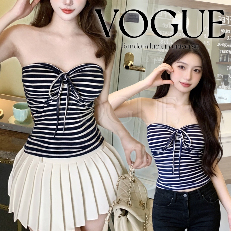 Vogue🌟พร้อมส่ง🌟 เสื้อเกาะอก ลายทาง ทรงเข้ารูป รายละเอียดสายรัดโบว์ผีเสื้อ สวมใส่สบาย (FY2905#1)