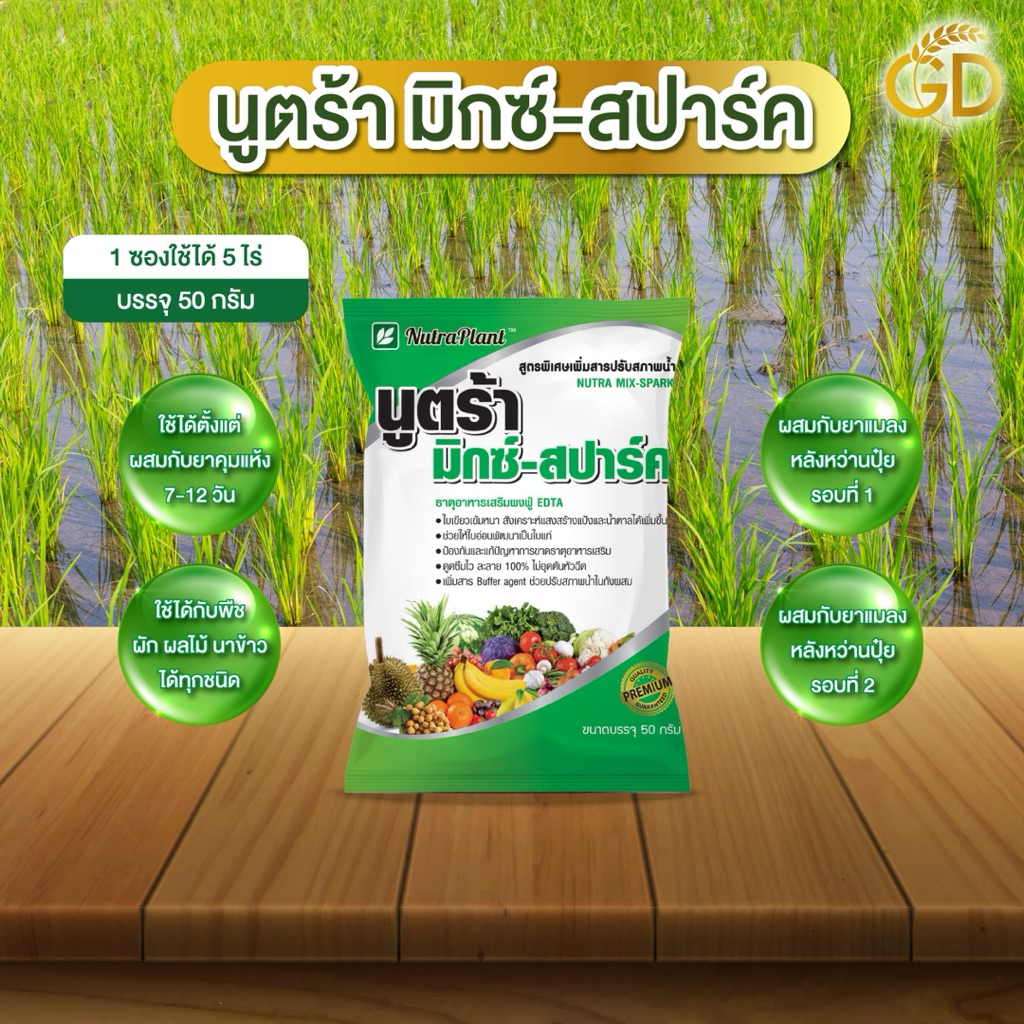 นูตร้ามิกซ์-สปาร์ค 50 กรัม 5 ไร่ ปลอดภัยต่อข้าว ข้าวเขียวใบตั้ง ปรับสภาพน้ำให้เป็นกลาง