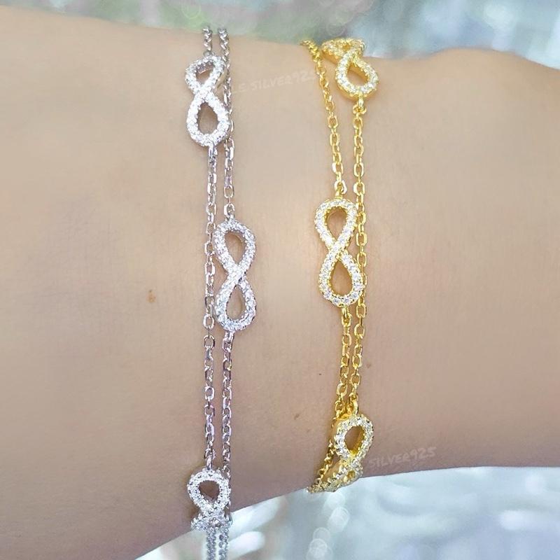 มม33 สร้อยข้อมือ Infinity 2สายคู่ ฝังเพชรสวิสCZ เงินแท้ 92.5% ชุบทอง18k / ชุบทองคำขาว