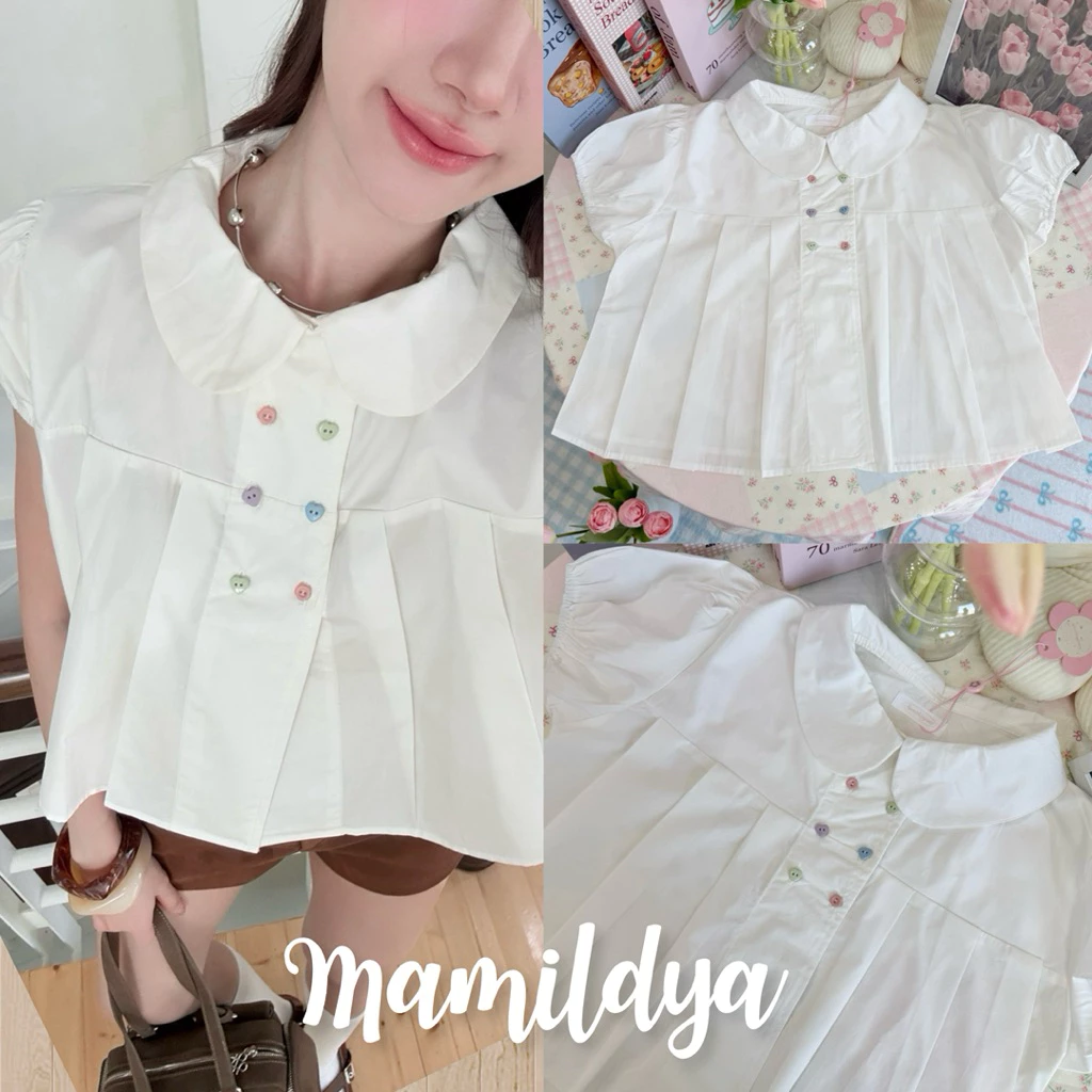 🌟Mamildya.shop🌟 เสื้อแขนตุ๊กตาคอบัวกระดุม 6 เม็ด / /ST-6⚫