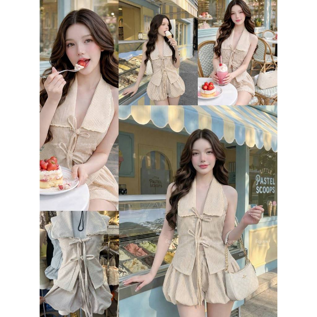 【THANYATHEP】 TYT 32650 เซท2ชิ้น เสื้อคอปกผูกหน้า ผ้ายีนส์ปักลายหัริ้วสีไม่ตกมาคู่กับกางเกงขาสั้นบอล