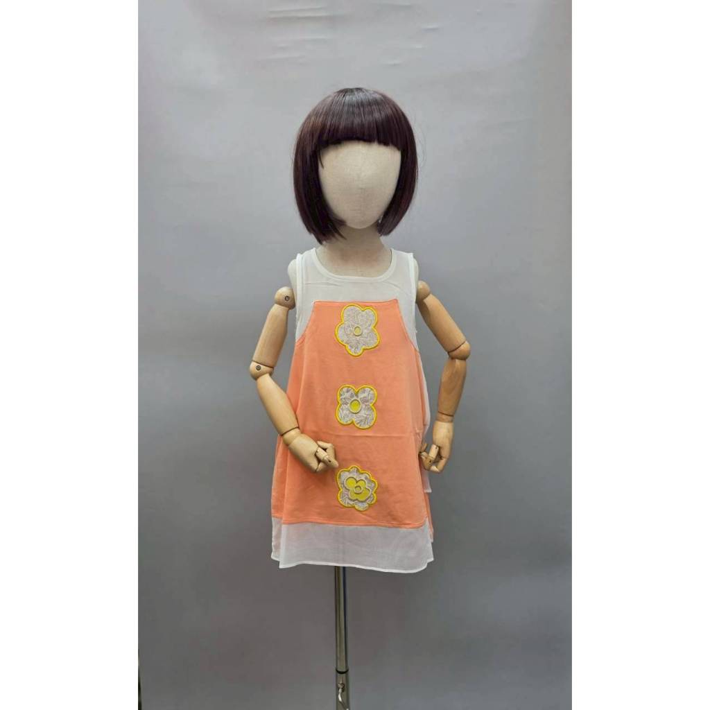 Dkkids - ชุดเดรสแขนกุดสีส้มพาสเทลตัดต่อผ้าสีขาวสำหรับเด็ก ผ้าชีฟองเนื้อดี งานคุณภาพพรีเมียม DK32213