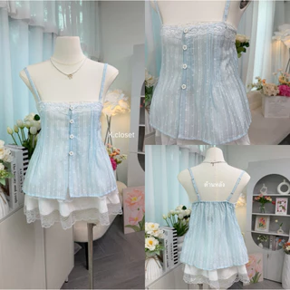 เสื้อสายเดี่ยว ผ้าโรซี่พิมพ์ลายแต่งลูกไม้ โทนหวานละมุนมาก Melina Lace Top