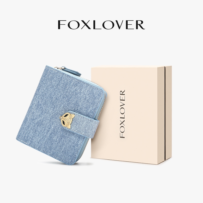 FOXLOVER กระเป๋าสตางค์ผู้หญิงใบสั้น ช่องใส่การ์ด 14ช่อง ต่อต้าน RFID ผ้ายีนส์แฟชั่น ฟรีกล่องของขวัญ