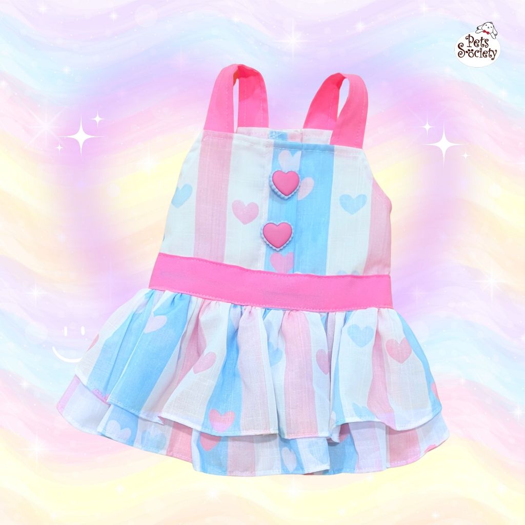 PetSociety เสื้อสุนัข-แมว Dog clothes Cat Clothes ชุดเดรสแฟชั่น ลายทางหัวใจ สีพาสเทล ไซส์ S-4XL
