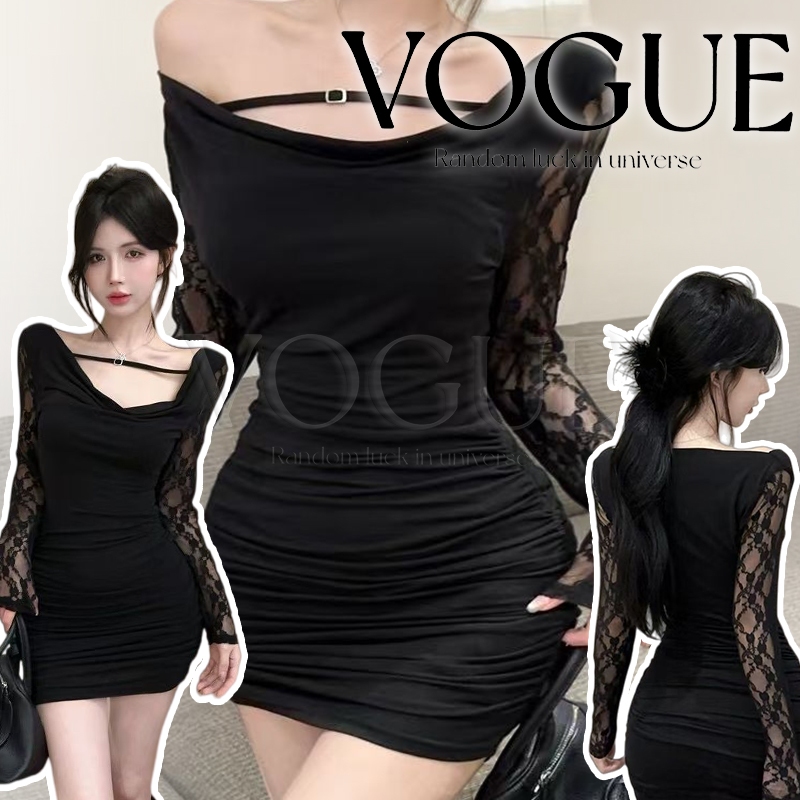 Vogue พร้อมส่ง ชุดมินิเดรส แขนยาวดีเทลผ้าลูกไม้ สายคาดเก๋ๆ ยืดหยุ่นแนบตัว ใส่สบาย (FY5070#1)