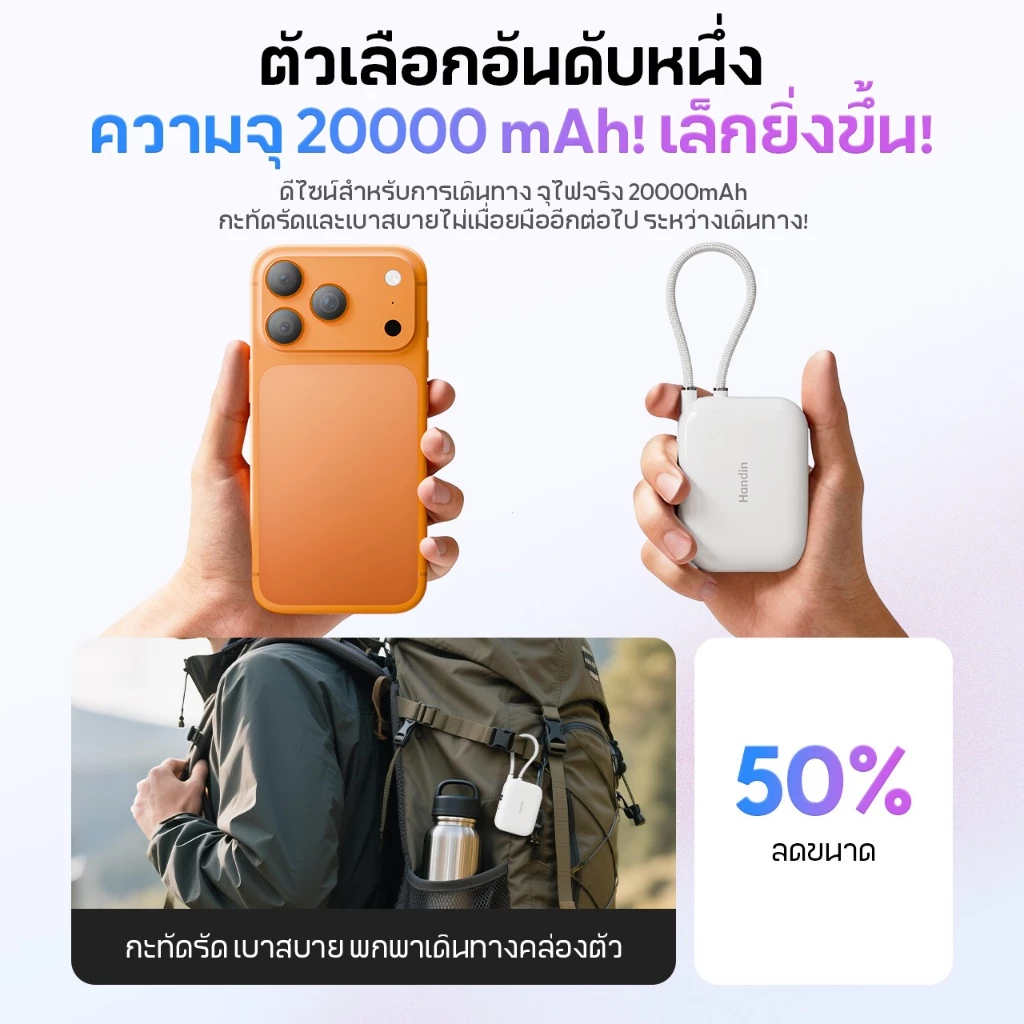 CCC Handin Mini Powerbank 20000mAh Pocket Cube PD35W with Built-in Cable thumbnail 4