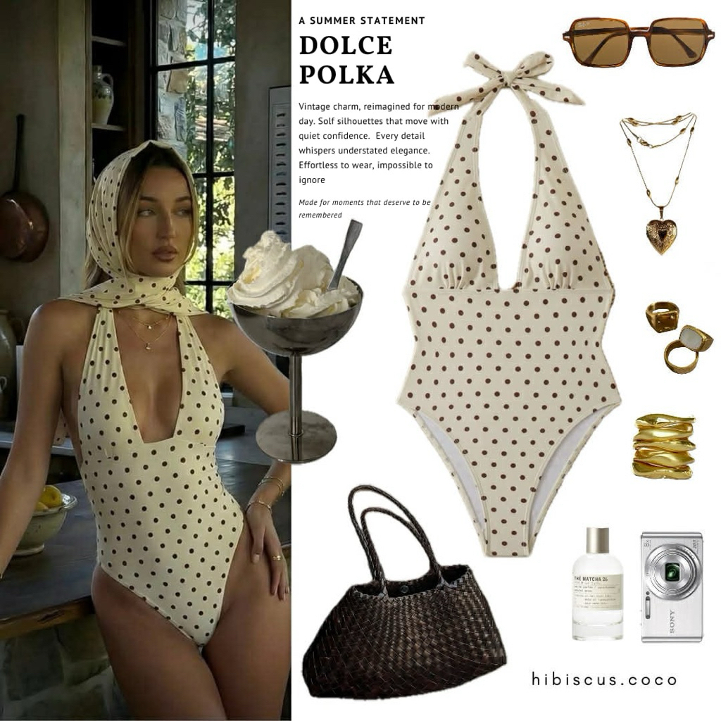 Hibiscus.coco | [พร้อมส่ง] Dolce polka 🍦🍫👙ชุดว่ายน้ำวันพีชลายดอททั้งหวานและคูล มาพร้อมผ้าผูกเข้าเซ็ต 2 สี เรียบหรู