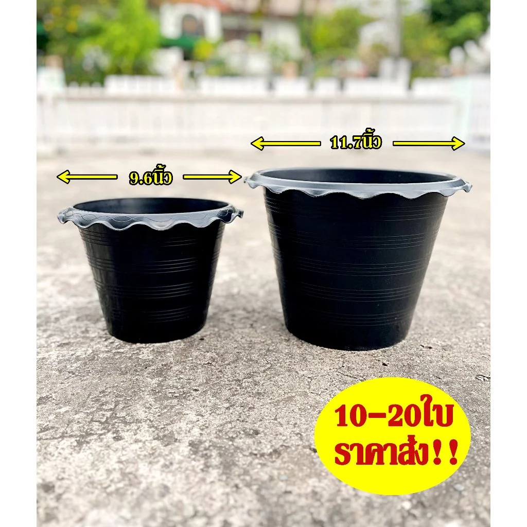 กระถางบัว กระถางกลม ไม่มีรู ขนาด10นิ้ว 12นิ้ว สีดำ ปากจีบ เซต 10ใบ 20ใบ