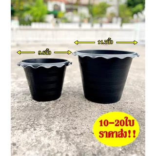 กระถางบัว กระถางกลม ไม่มีรู ขนาด10นิ้ว 12นิ้ว สีดำ ปากจีบ เซต 10ใบ 20ใบ