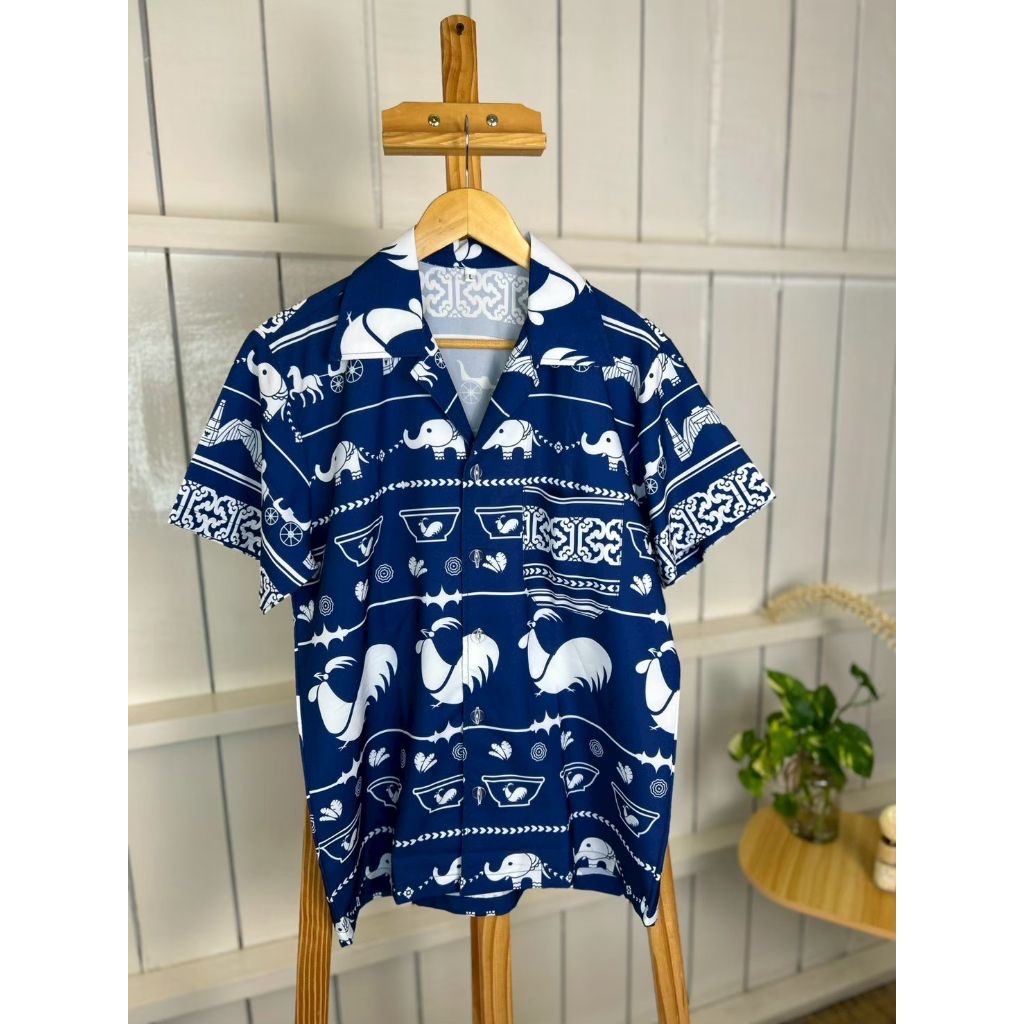 เสื้อฮาวายลายลำปาง เสื้อฮาวาย เสื้อประจำจังหวัด สีน้ำเงินเมฆคราม ของฝากเมืองลำปาง