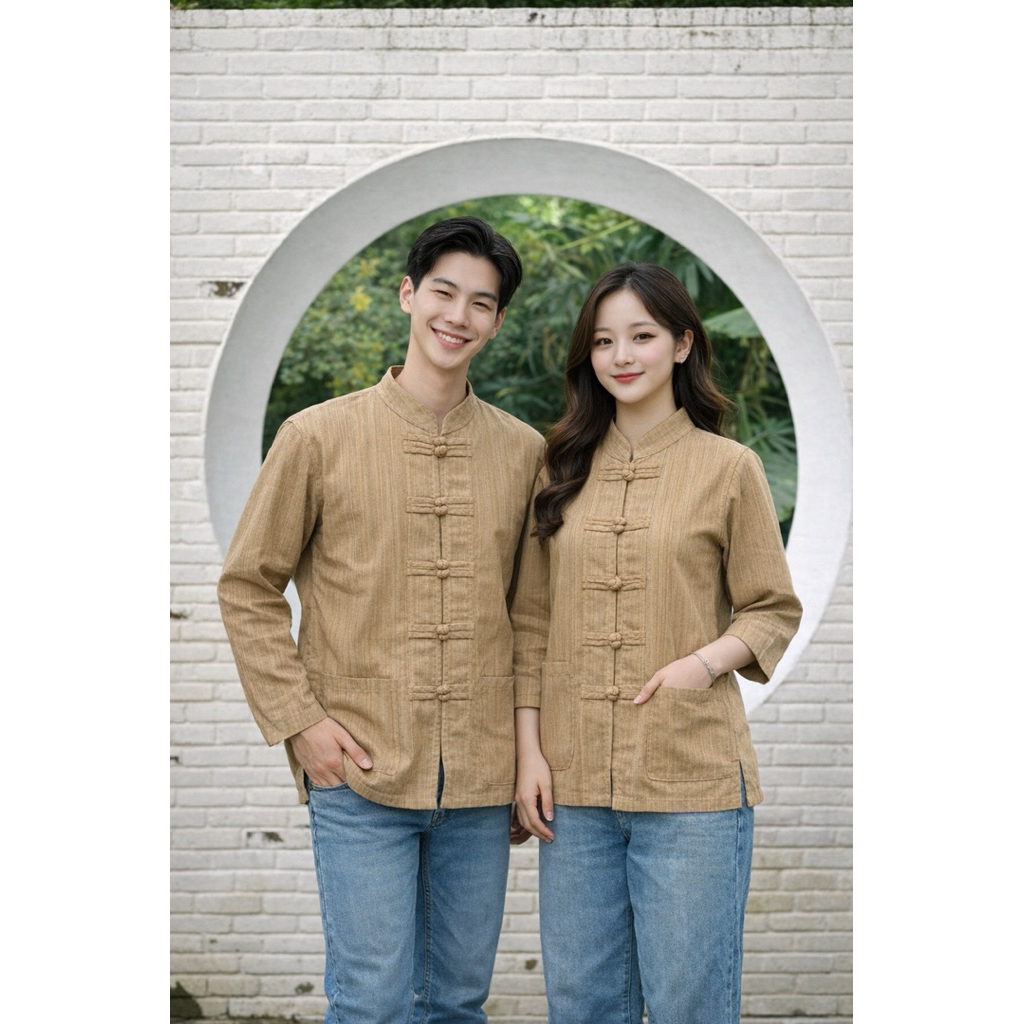 คอจีนแขนยาวแต่งกระดุม7เม็ดงานผ้าฝ้ายพื้นเมืองทรงสวยสุภาพเสื้อทรงตรงใส่ได้ชายหญิงส่งของทุกวันมีปลายทาง