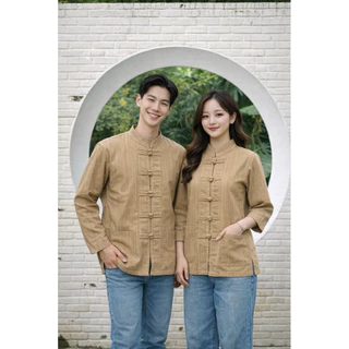 คอจีนแขนยาวแต่งกระดุม7เม็ดงานผ้าฝ้ายพื้นเมืองทรงสวยสุภาพเสื้อทรงตรงใส่ได้ชายหญิงส่งของทุกวันมีปลายทาง