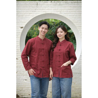 คอจีนแขนยาวแต่งกระดุม7เม็ดงานผ้าฝ้ายพื้นเมืองทรงสวยสุภาพเสื้อทรงตรงใส่ได้ชายหญิงส่งของทุกวันมีปลายทาง