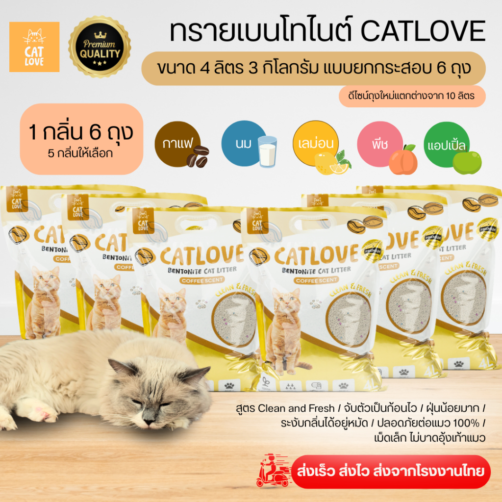 ทรายเบนโทไนต์ CATLOVE ยกลัง6ถุง 24L18Kg จับตัวเป็นก้อนดีเยี่ยม ลดกลิ่นฉี่แมว ส่งไว/พร้อมส่งในไทย
