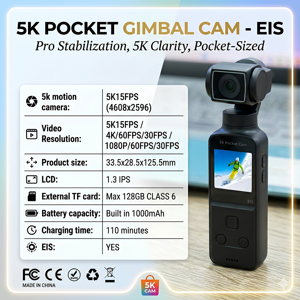 กล้องแอคชั่น 5K Pocket Gimbal Cam คมชัดระดับ 5K@15fps มีระบบกันสั่น EIS หมุนได้ 270° ตัดเสียงรบกวน