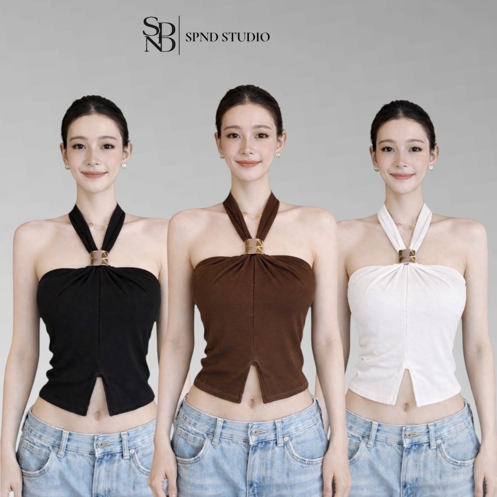 SPND【พร้อมส่ง】เสื้อสายคล้องคอหรูเรียบสไตล์มินิมอล Aurora Luxe Halter Top ทรงเข้ารูปพอดีตัว มี4สี (10168)