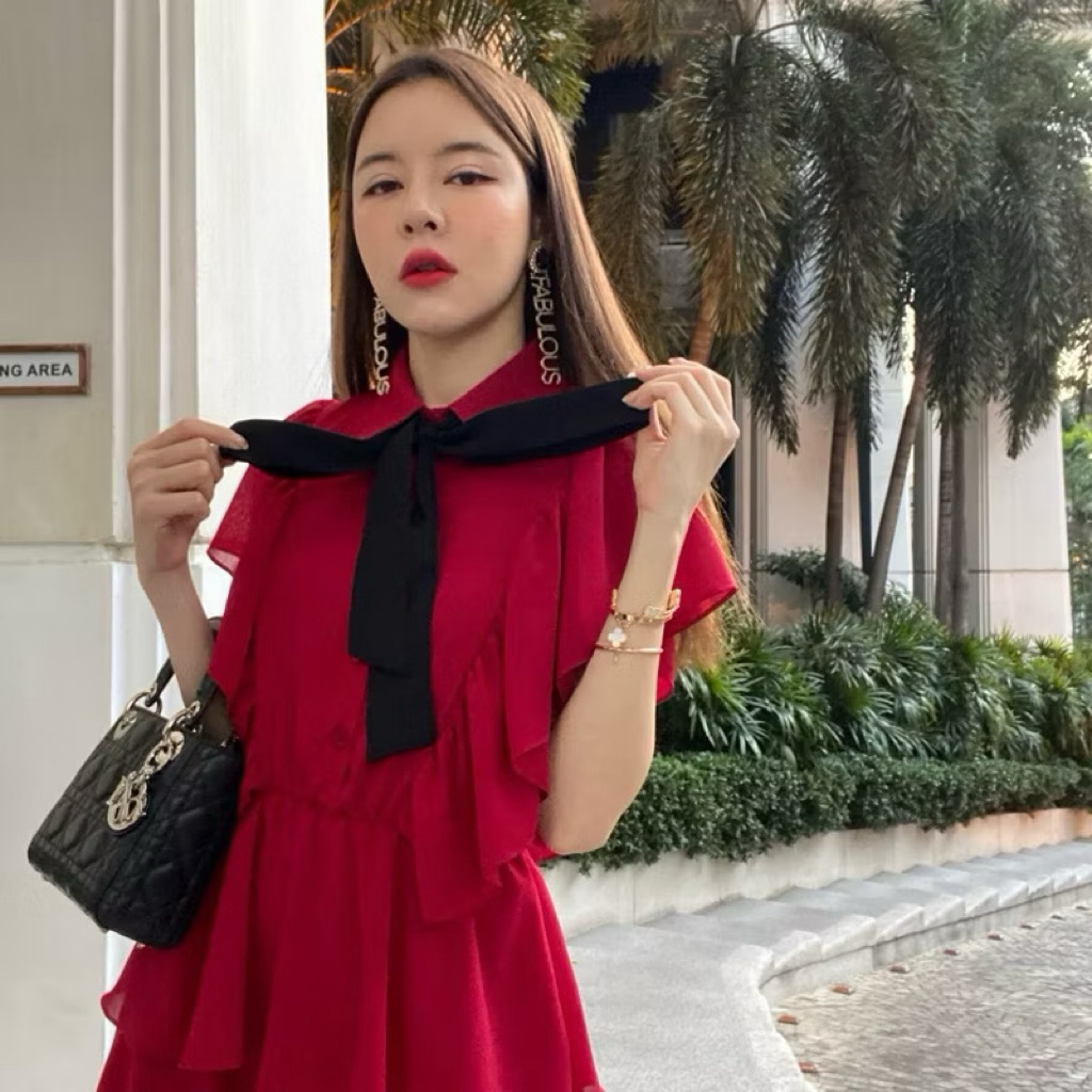 FLAT2112 : LADY DIANA DRESS เดรสชั้นๆ ชุดออกงาน ผ้าชีฟอง เดรสงานแต่ง ชุดไปงานแต่ง (FF0031) สีแดง ขนา