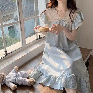 🌸 เดรสกระโปรงยาวลายตารางฟ้าพาสเทล สไตล์หวานละมุน 🌸