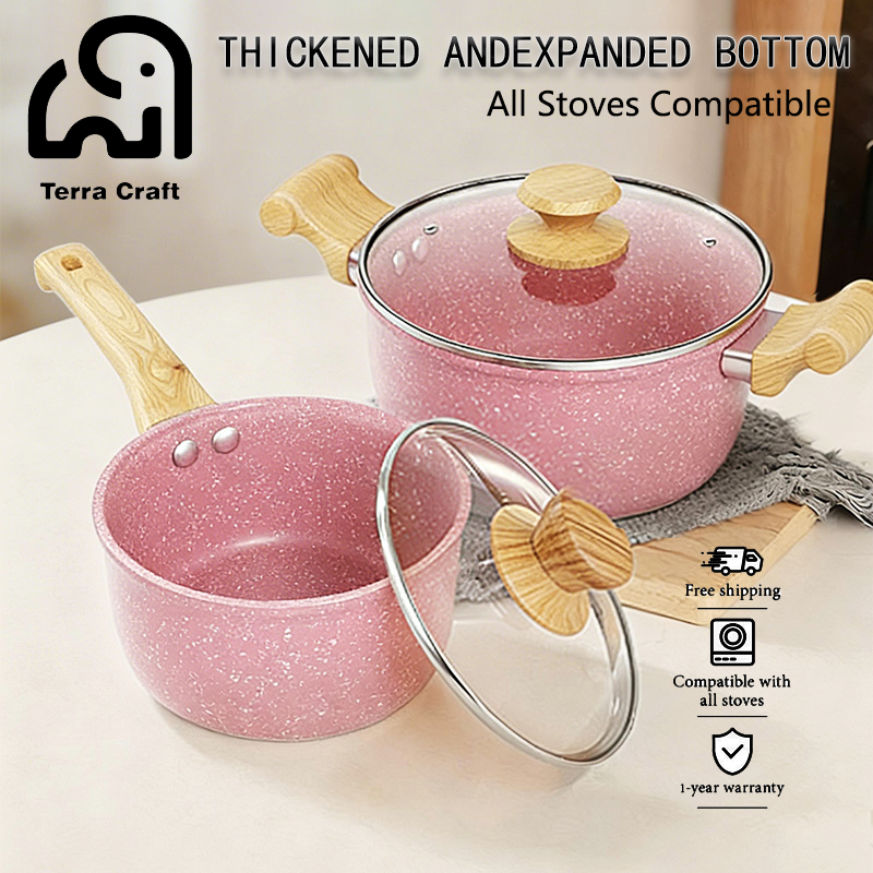 Terra Craft หินแกรนิตสีชมพูกระทะซอสไม่ติดกระทะนมครัวหม้อบะหมี่กึ่งสำเร็จรูปเหมาะสำหรับเตาแม่เหล็กไฟฟ้าและเตาแก๊ส
