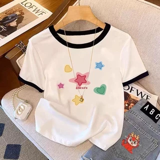 ✨ส่งไวจากไทย✨เสื้อยืดแขนสั้นตัดต่อ แบบครอป เสื้อครอป เสื้อยืดผู้หญิง แขนสั้น เสื้อยืด แฟชั่นเกาหลี ใส่สบาย เสื้อยืดคอกลม