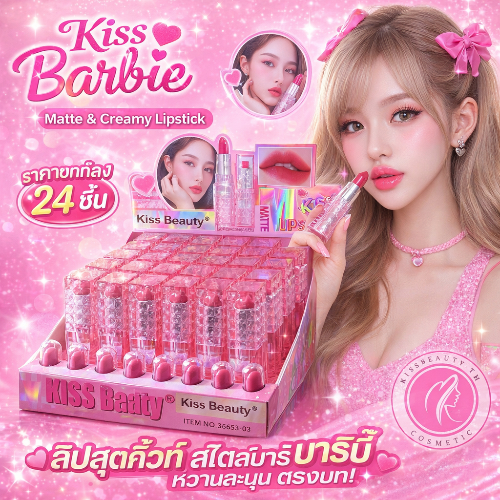 ยกกล่อง 24 ชิ้น Kiss Beauty Kiss Barbie ลิปสติก ลิปแท่ง บาร์บี้ เด็ก นู้ดชมพู ลิป ไม่เเห้ง  ติดทนนาน – โปรปัง