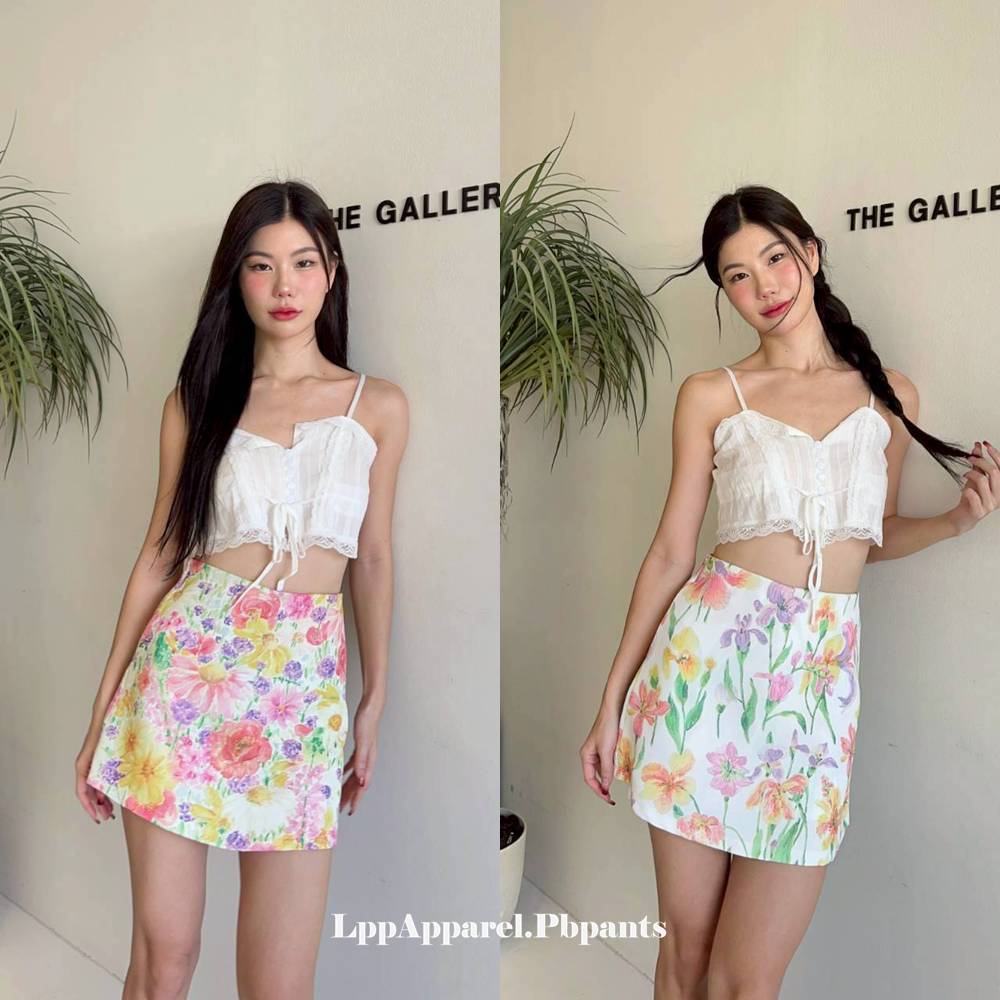 Pbpants กางเกงกระโปรงรอบ ซิปหลังผ้าไมโครพิมพ์ลาย