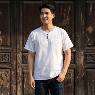 เสื้อผ้าฝ้ายชินมัย แต่งกระดุมไม้ 3เม็ด