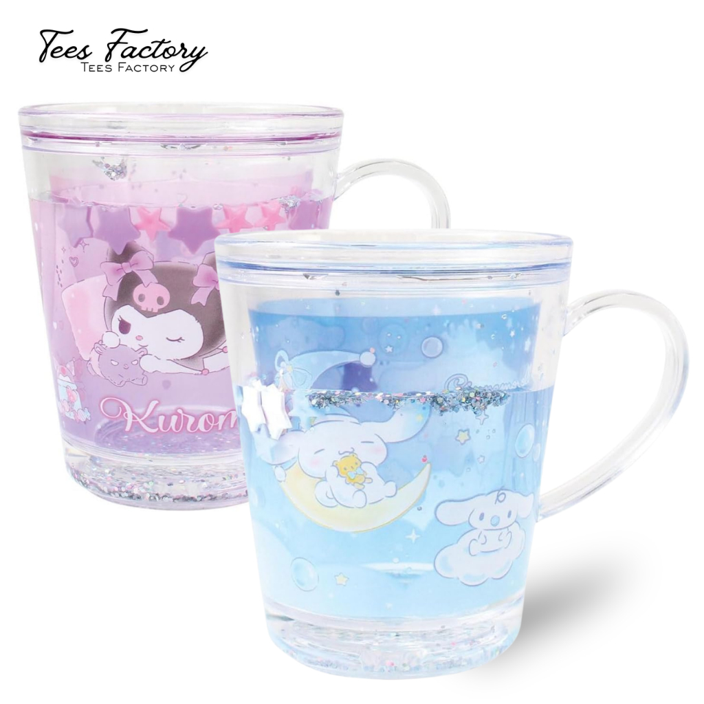 แก้วน้ำ ลายกลิตเตอร์ Sanrio Tees Factory Cinnamoroll Kuromi น่ารัก ลิขสิทธิ์แท้ ญี่ปุ่น