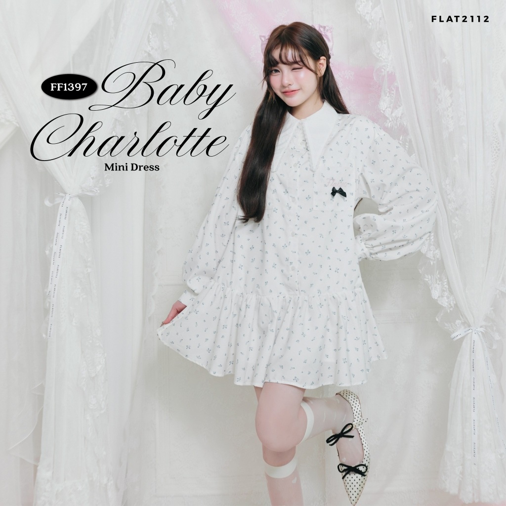 FLAT2112 : BABY CHARLOTTE MINI DRESS เดรสสั้นสีขาวลายดอกไม้ เดรสชายระบายหวานๆ เดรสใส่ไปคาเฟ่ เดรสสไตล์เกาหลี (FF1397)