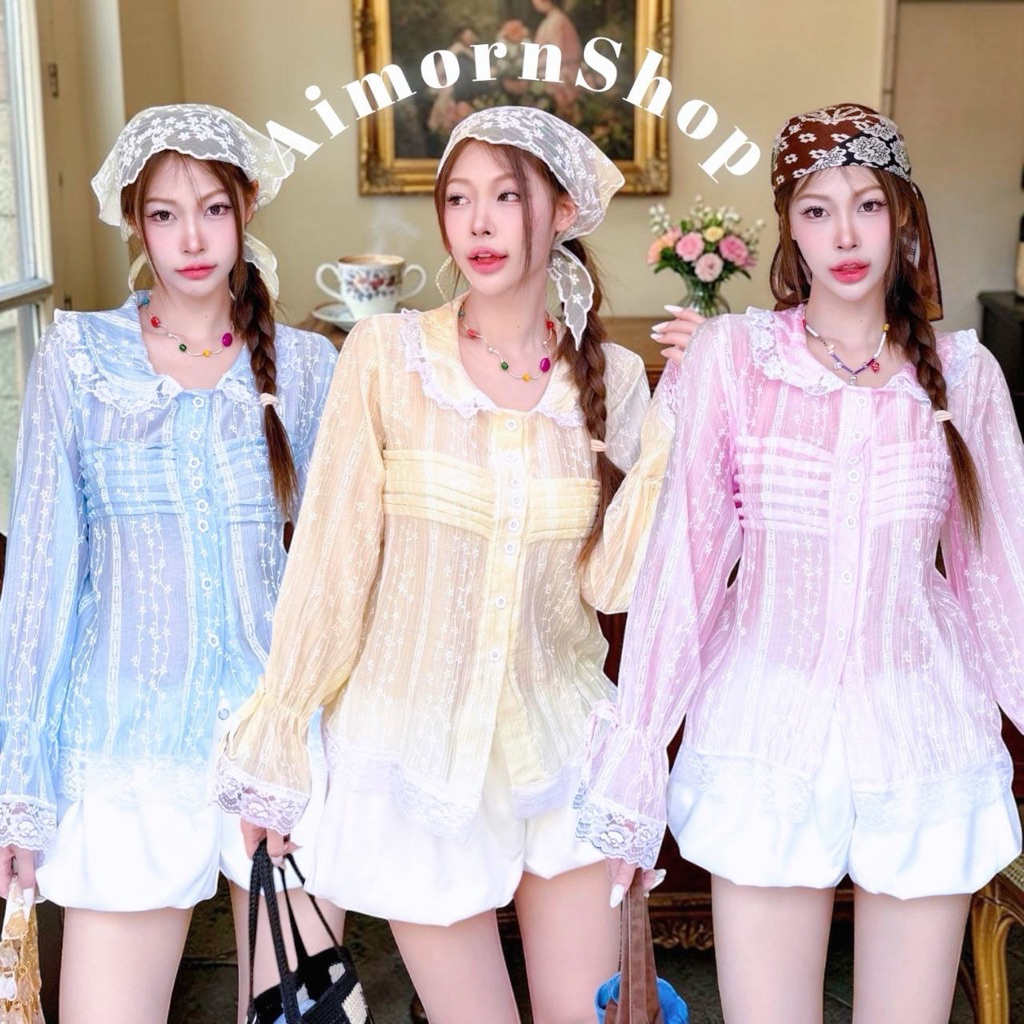 🔥aimorn_shop🔥 เสื้อเชิ้ตแขนยาว ปักลูกไม้แน่นๆๆ งานจั้มแขนสุดคิ้วท์ งานสวย ใส่สบาย
