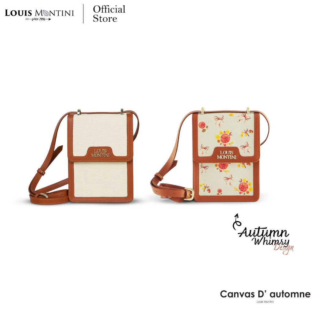 [Clearance sale] Louis Montini (Canvas D' automne) กระเป๋าใส่โทรศัพท์ ผ้าแคนวาสผสมหนังวัวนิ่มนัปป้า CVB10