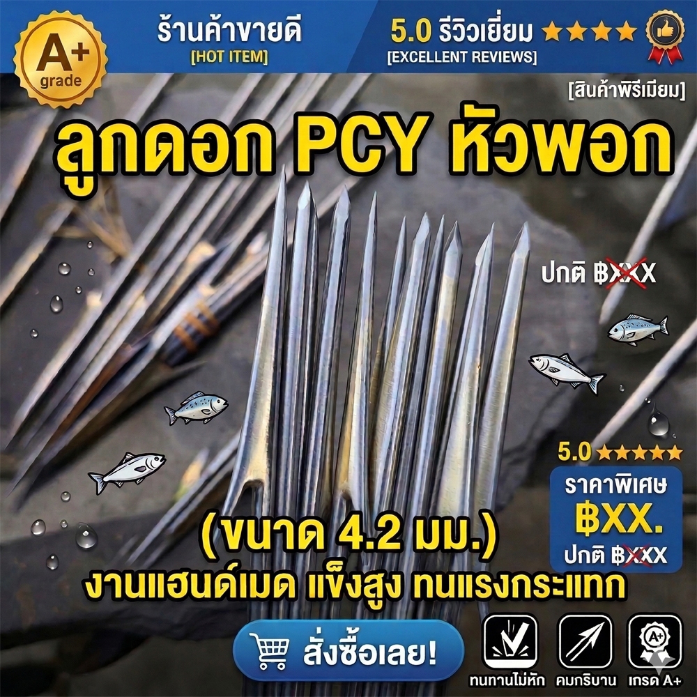 ลูกดอกยิงปลา เหล็ก PCY ขนาด 4.2 มิล หัวพอก คุณภาพสูง พอกทองเหลือง