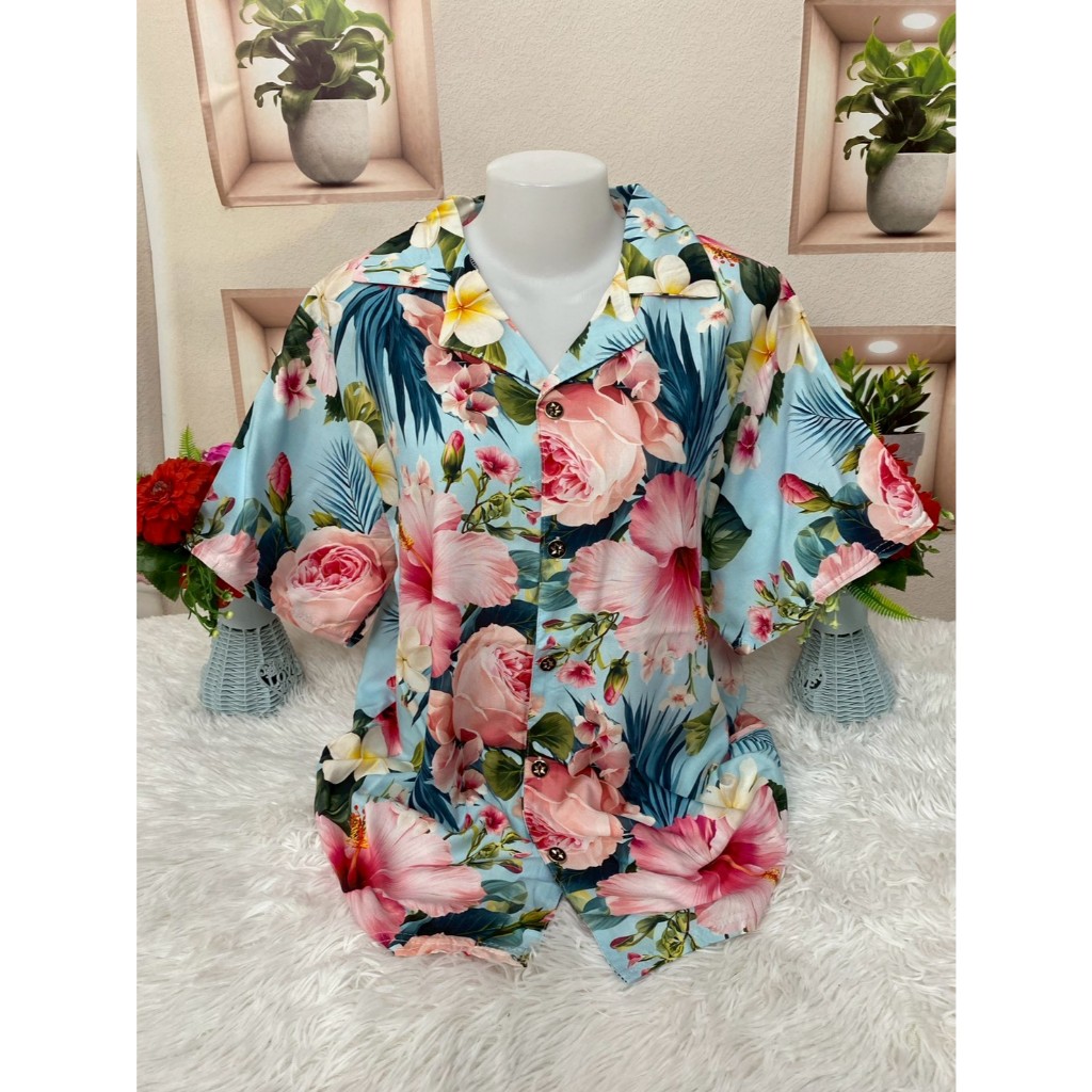 เสื้อลายดอก เสื้อเชิ้ตฮาวาย กระดุมหน้า ผ้าสปันคุณภาพสูง ชาย/หญิง ใส่ได้ รุ่น1015