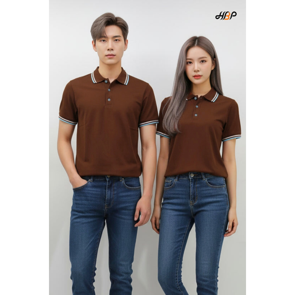 เสื้อโปโลสีน้ำตาลขลิบฟ้า ขาว แขนจั้ม เนื้อผ้า TK