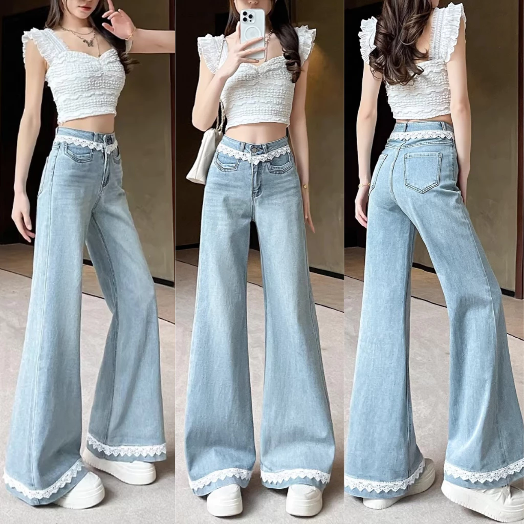 S~5XL Flared wide-leg jeans กางเกงยีนส์ขายาวทรงบานแต่งขอบลูกไม้สุดอินเทรนด์ สไตล์ใหม่ปี 2026 เอวสูง ทรงหลวม ขากางเกงตรง