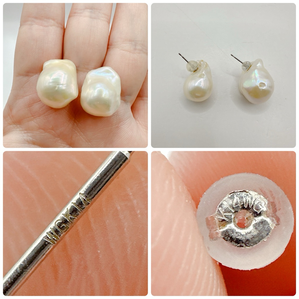 ต่างหูเสียบมุกทรงบาร็อคเม็ดใหญ่ ขนาด 15.8กับ14.8มม ก้านและแป้นรับทองแท้ K14 WG งานญี่ปุ่นมือสอง