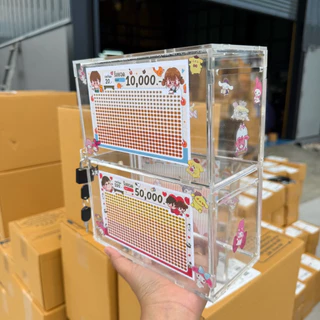 กระปุกออมสิน อะคริลิคใส 2 ชั้น/3 ชั้น พร้อมตารางออม ปากกา สติกเกอร์ ซองกันชื้น