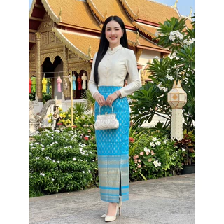 ผ้าถุงลายไทย ผ้ายืดสกินนี่ เอวยืด ลายอุตรดิตถ์ แบบสวมใส่ได้เลย ไม่มีซิป ไม่มีตะขอ เอวไม่สมอค
