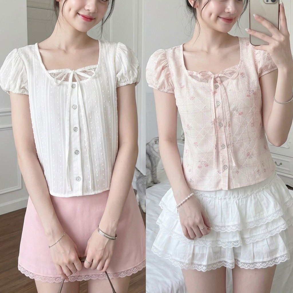 🌟Mamildya.shop🌟 เสื้อกระดุมหน้า แต่งผ้าลูกไม้ที่หน้าอก / S1-3/TOT-อกเล⚫